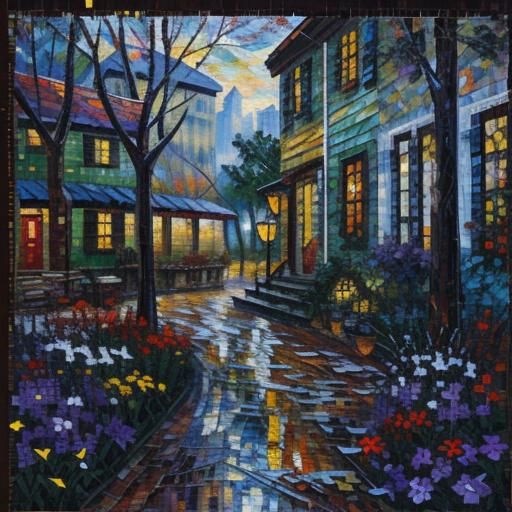 Vibrant Mosaic Patchwork in Expressionist Oil Painting Style