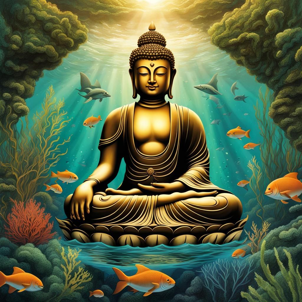 Underwater Buddha Statue with Ancient Runes