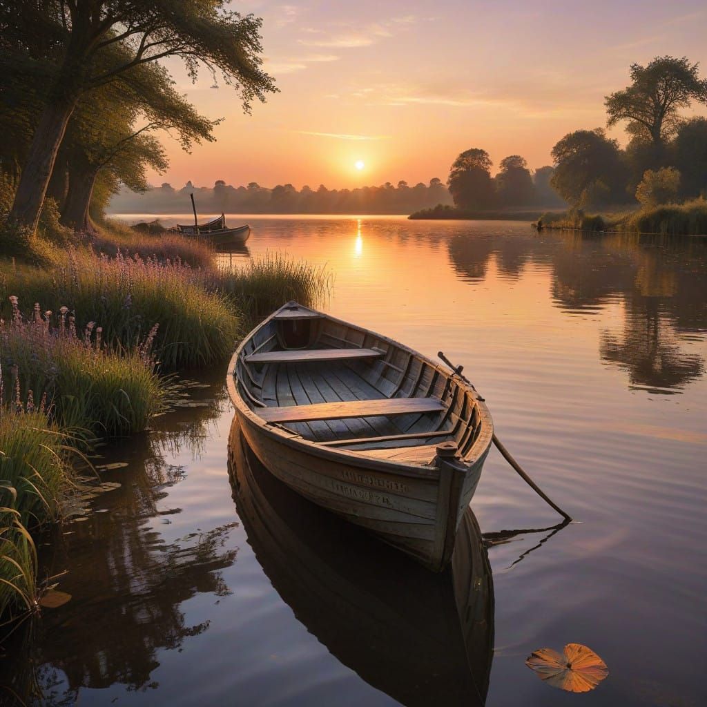 Whimsical Sunset Rowing Boat in Impressionistic Pencil Style