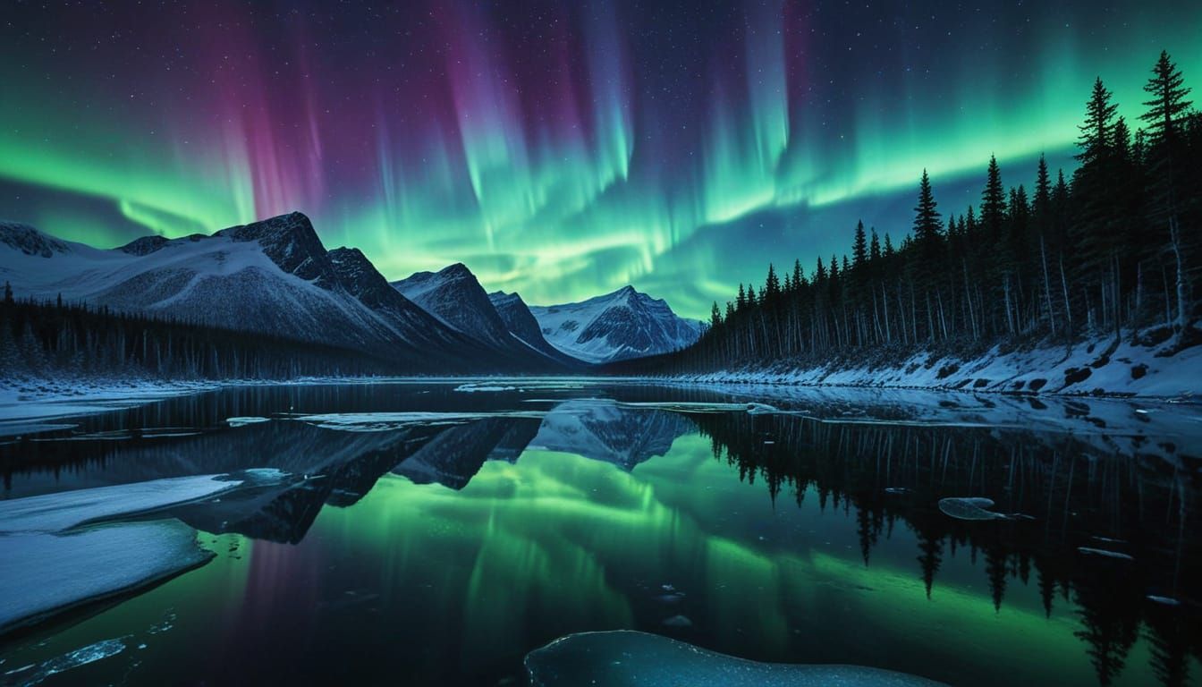 Majestic Aurora Borealis Over Frozen Arctic Lake