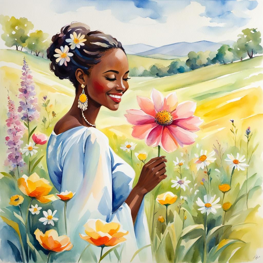 Dreamy African Lady Smelling Flower in Spring Meadow