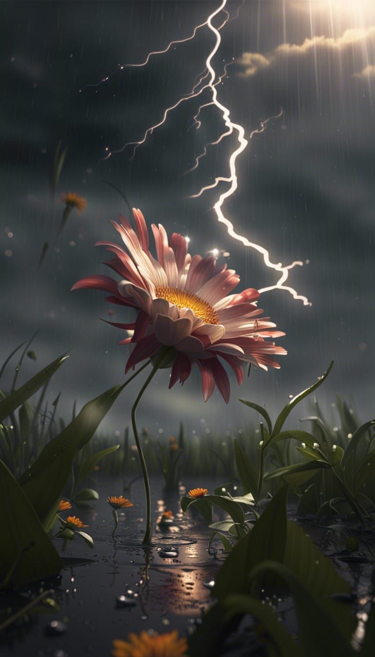 Sunshine Illuminates Flower After Rain in Photorealistic Sty...