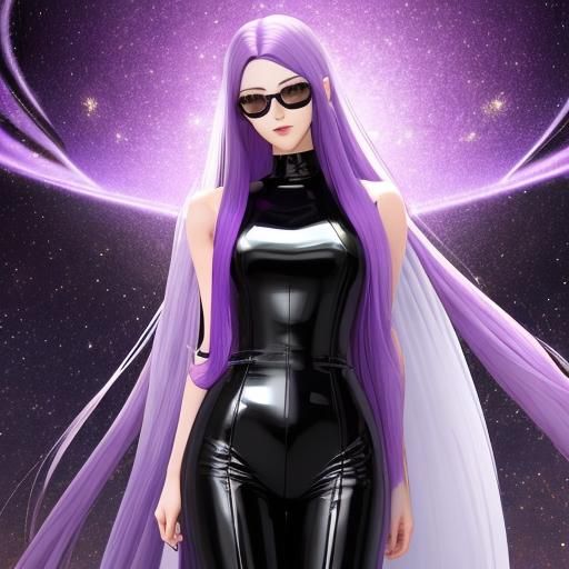A tall woman with long violet hair, black bodysuit, blackout...