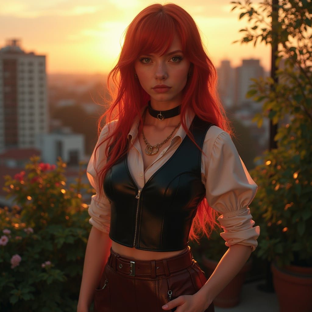 Red Haired Woman in Rooftop Garden, Sci-Fi Art