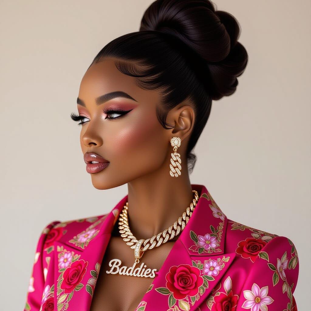 Elegant Woman with "Baddies" Chain in Glamorous Style