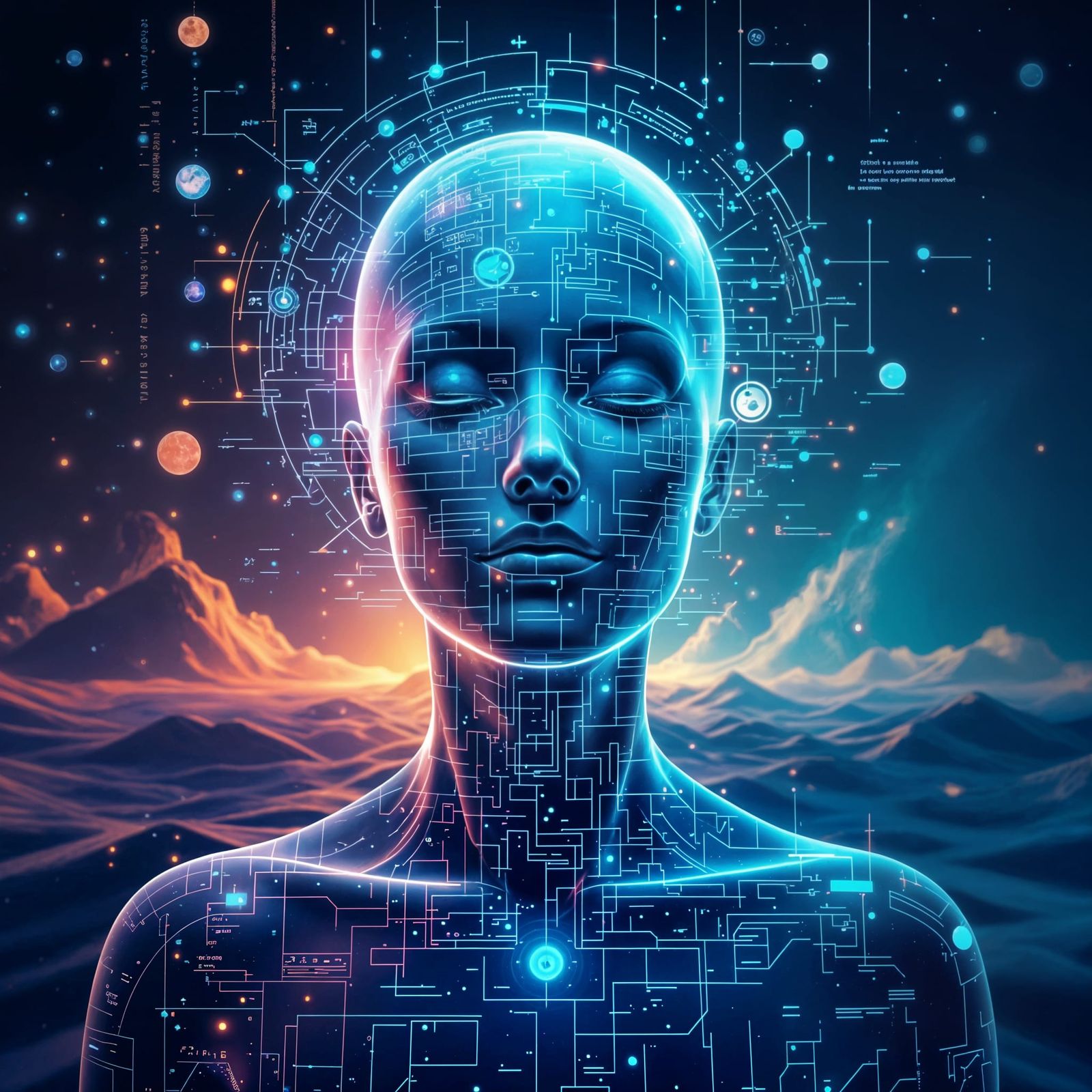 Cosmic Entity of Thought in Surreal Tech Style