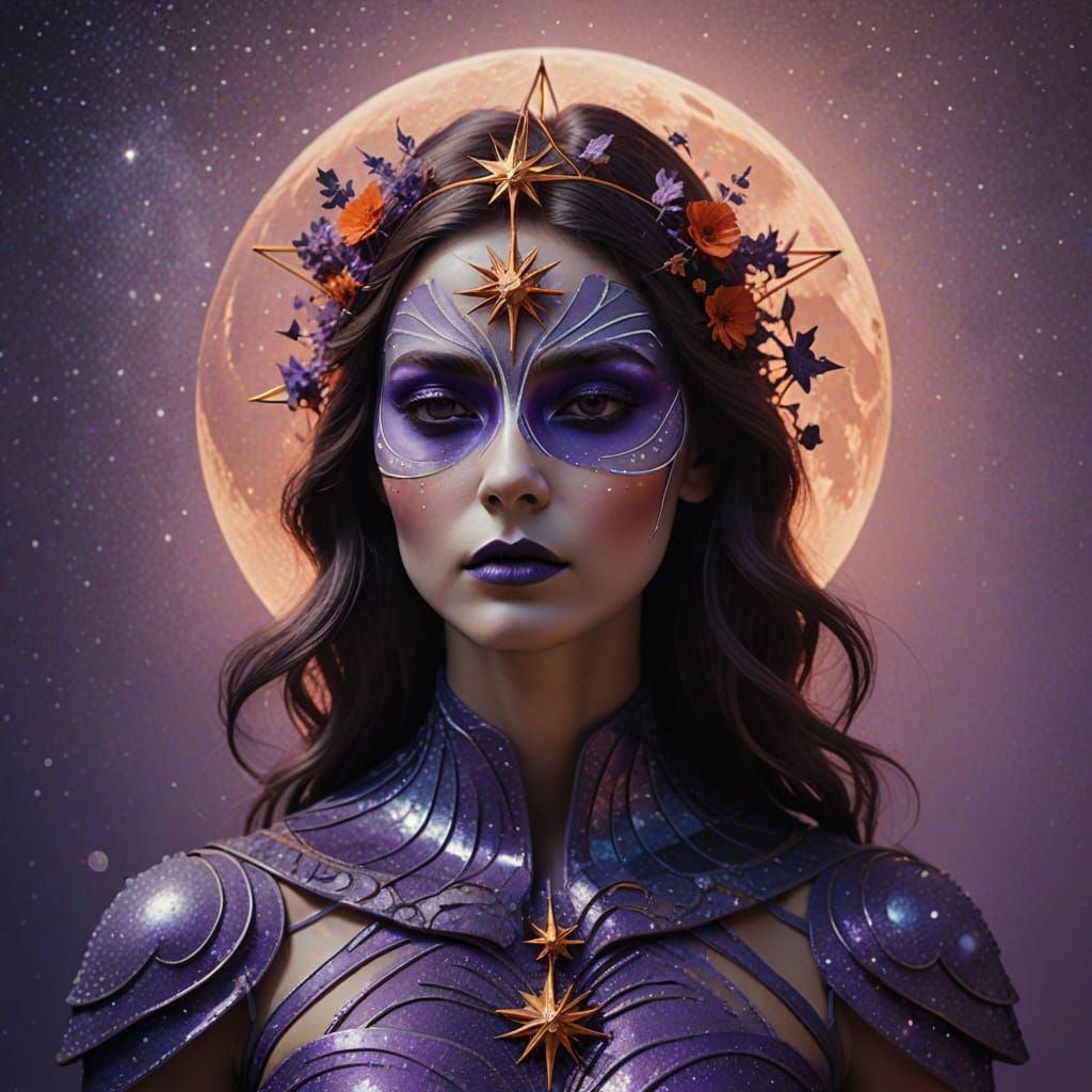 A guardian of cosmic harmony with face painted with moon dus...