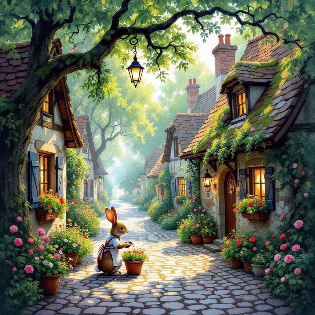 Enchanting Forest Village Lanternlit Cobblestone Street