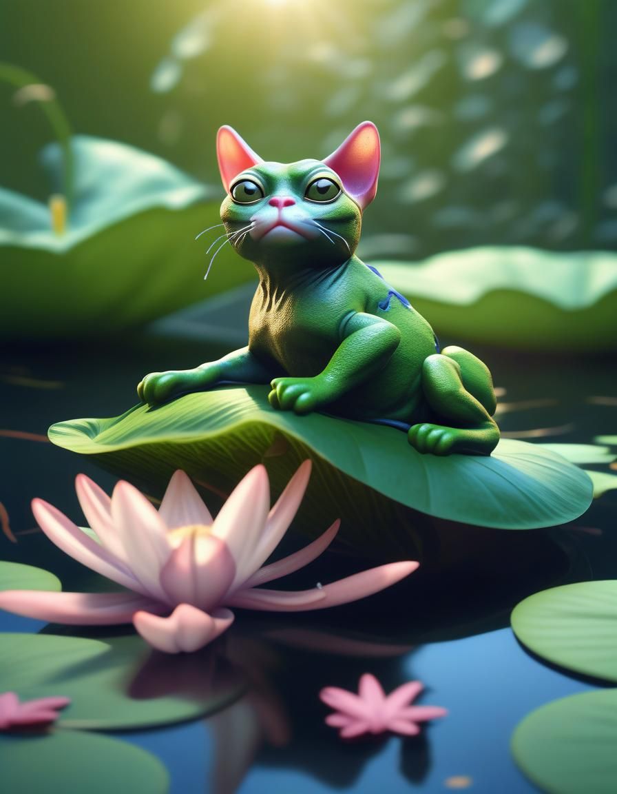 Hyperrealistic Frog-Cat Hybrid Creature on Lily Pad