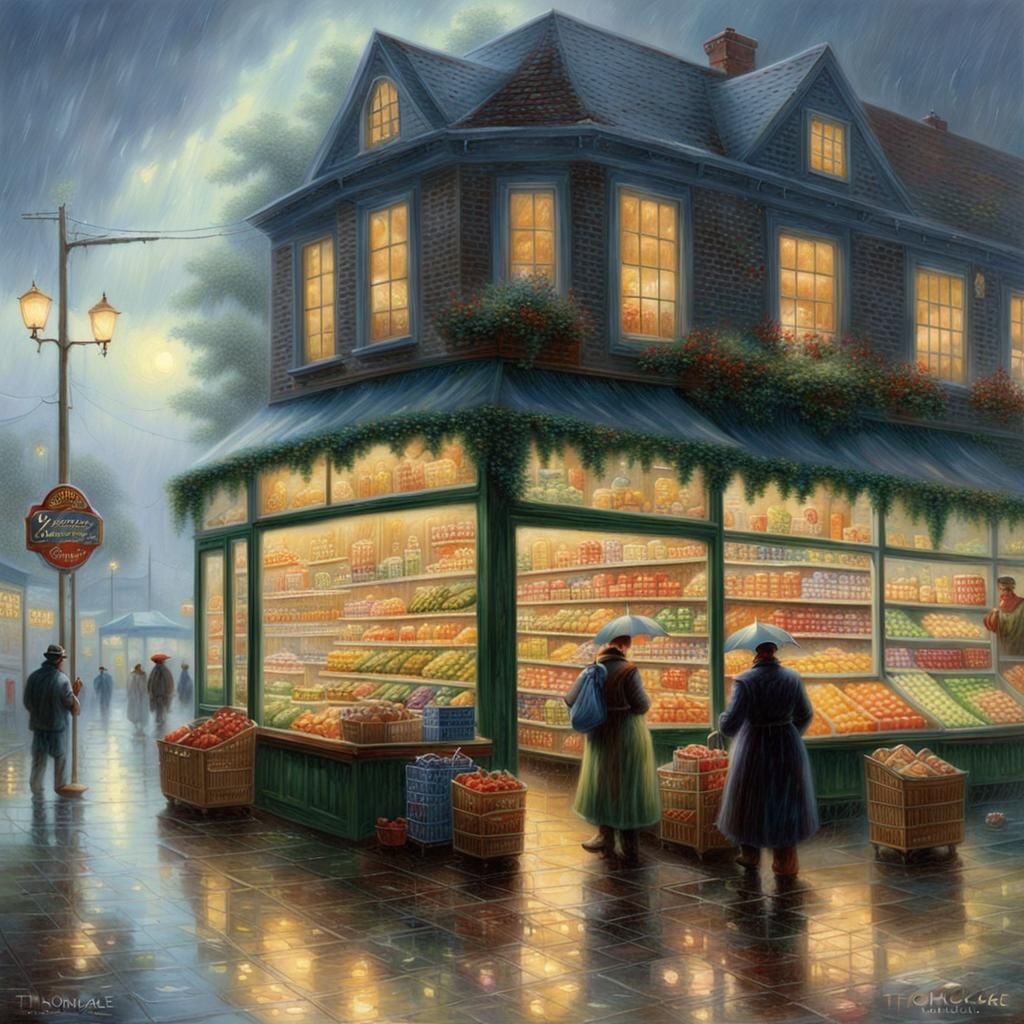 Rainy Evening at Grocery Store in Luminism Style