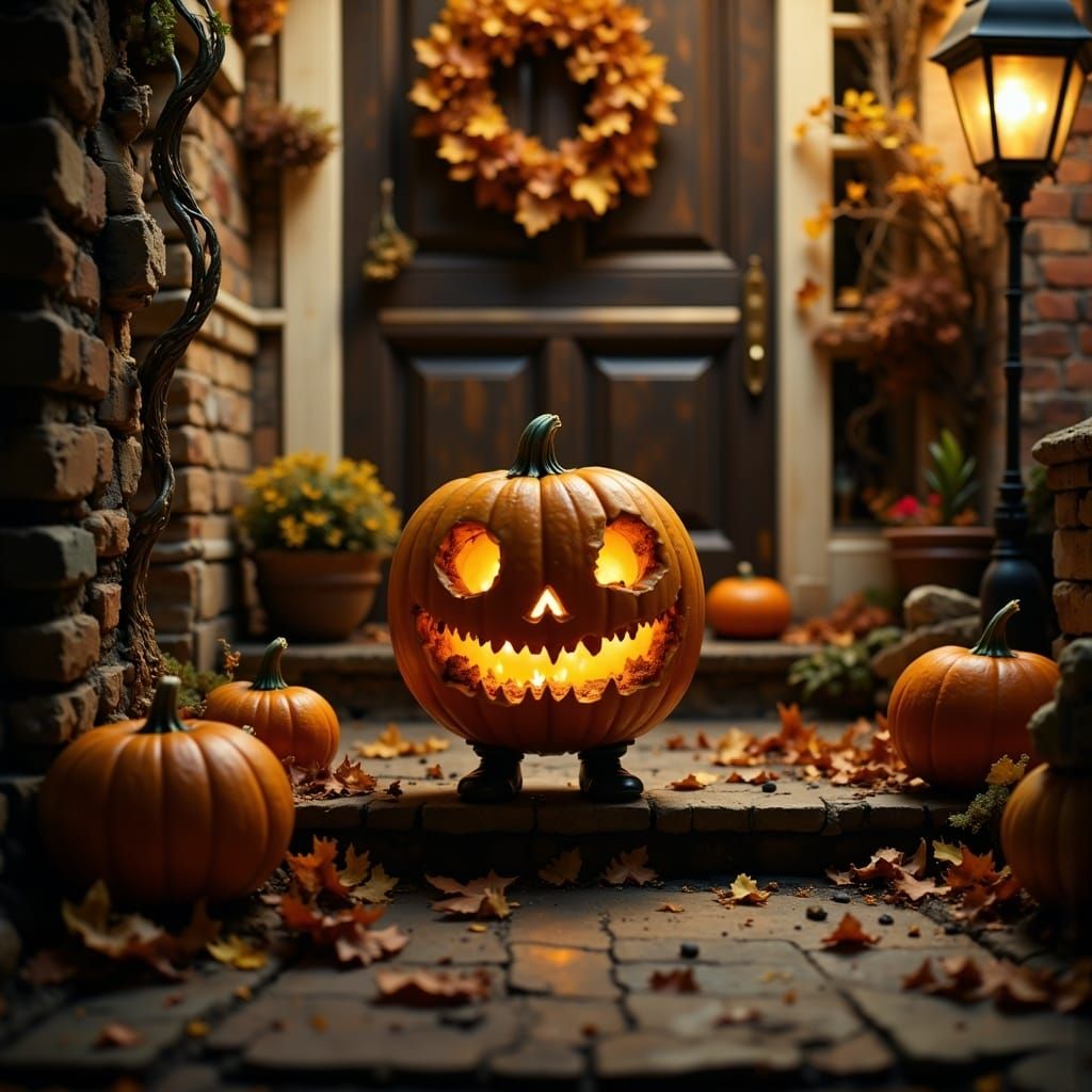 Chibi Jack-o-Lantern on Autumn Porch in Cinematic Style