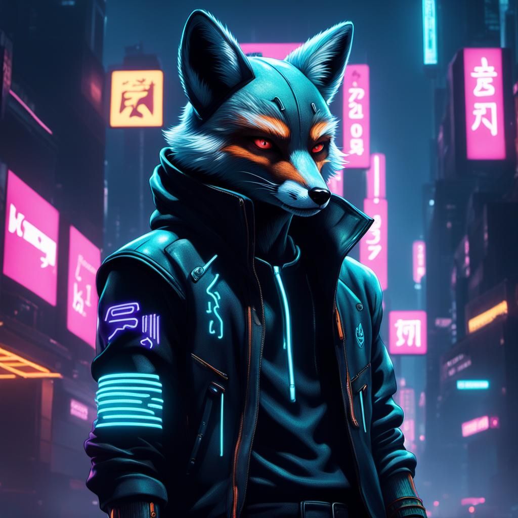 Fox Boy in Neon Cyberpunk Cityscape