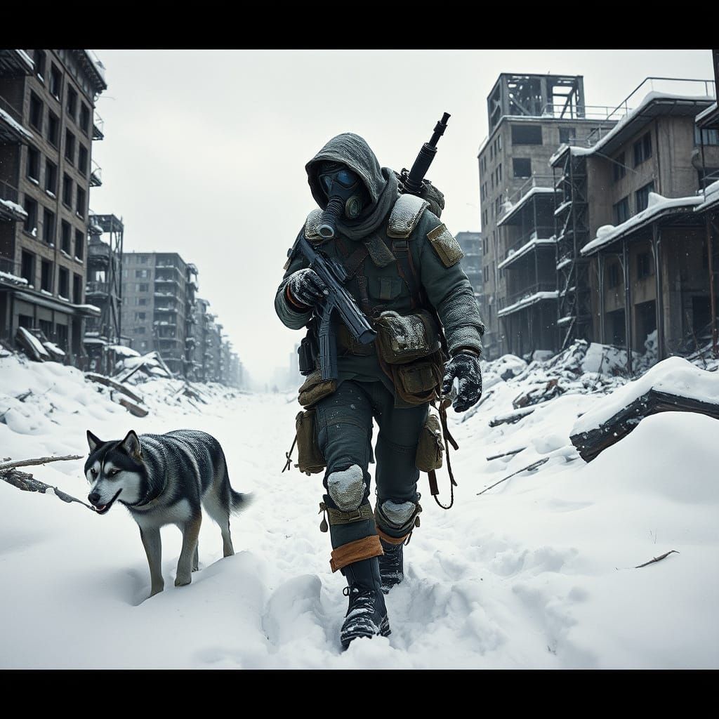 A lone survivor in a post-apocalyptic winter wasteland, clad...