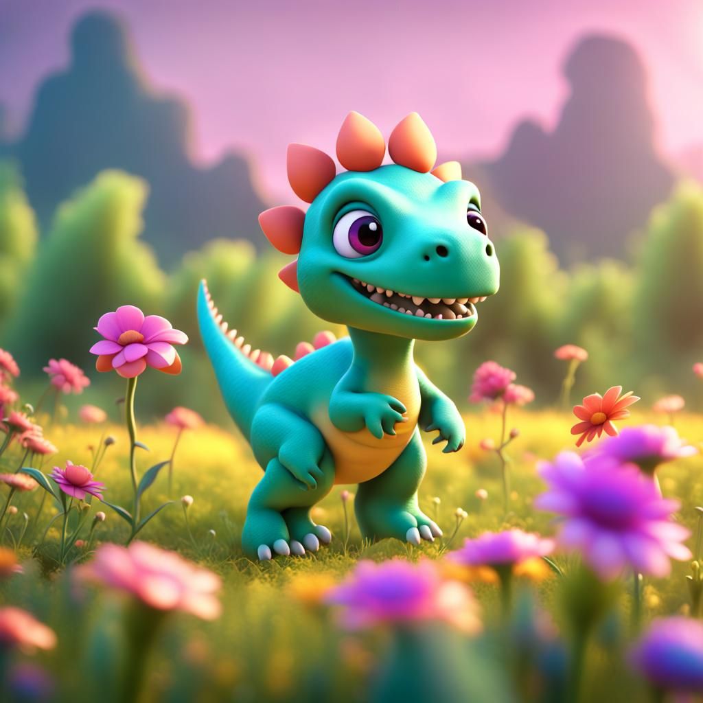 Cute Dinosaur Picking Flowers: 3D Digital Art