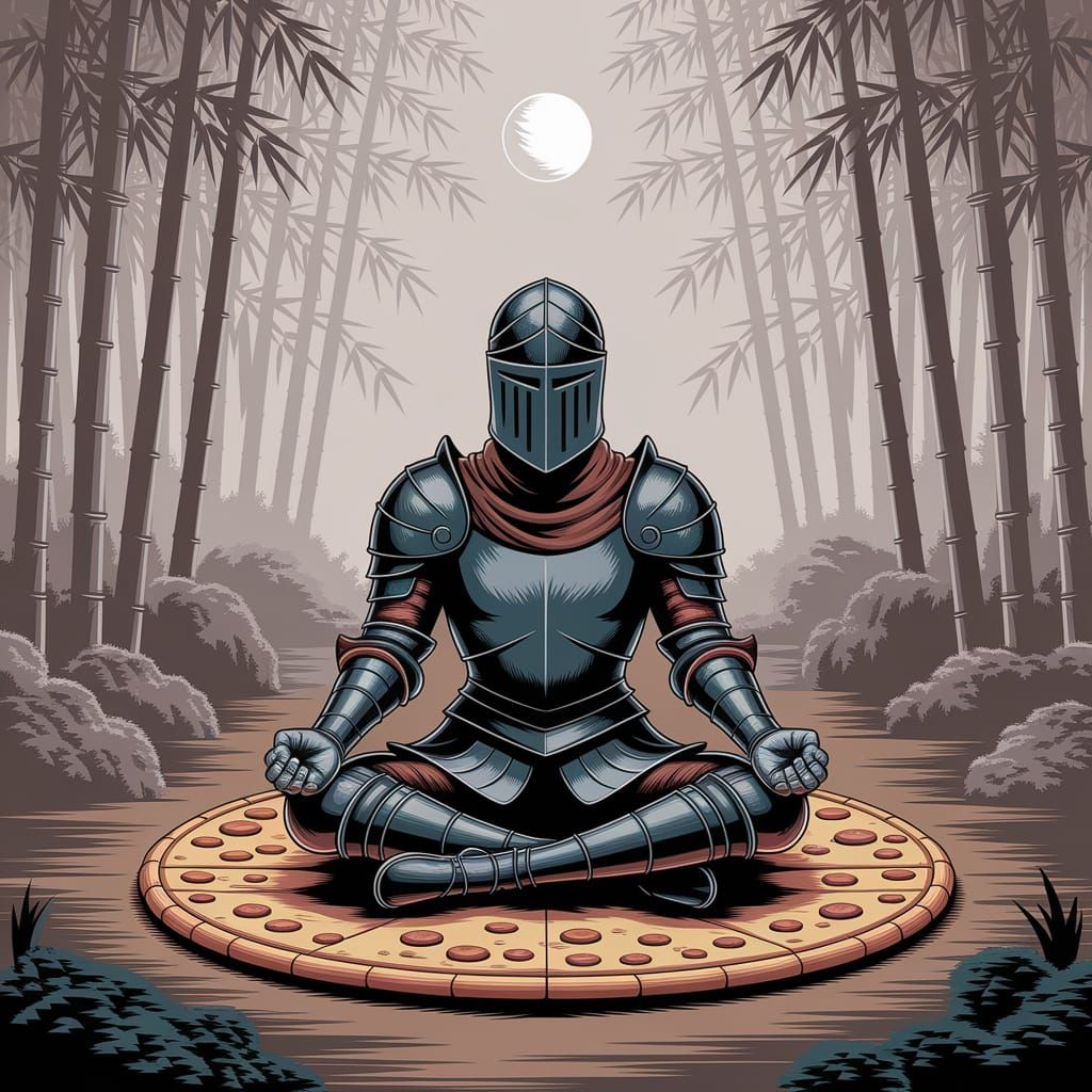 Knight Meditating in Pizza Crust Bamboo Forest: Pixel Art