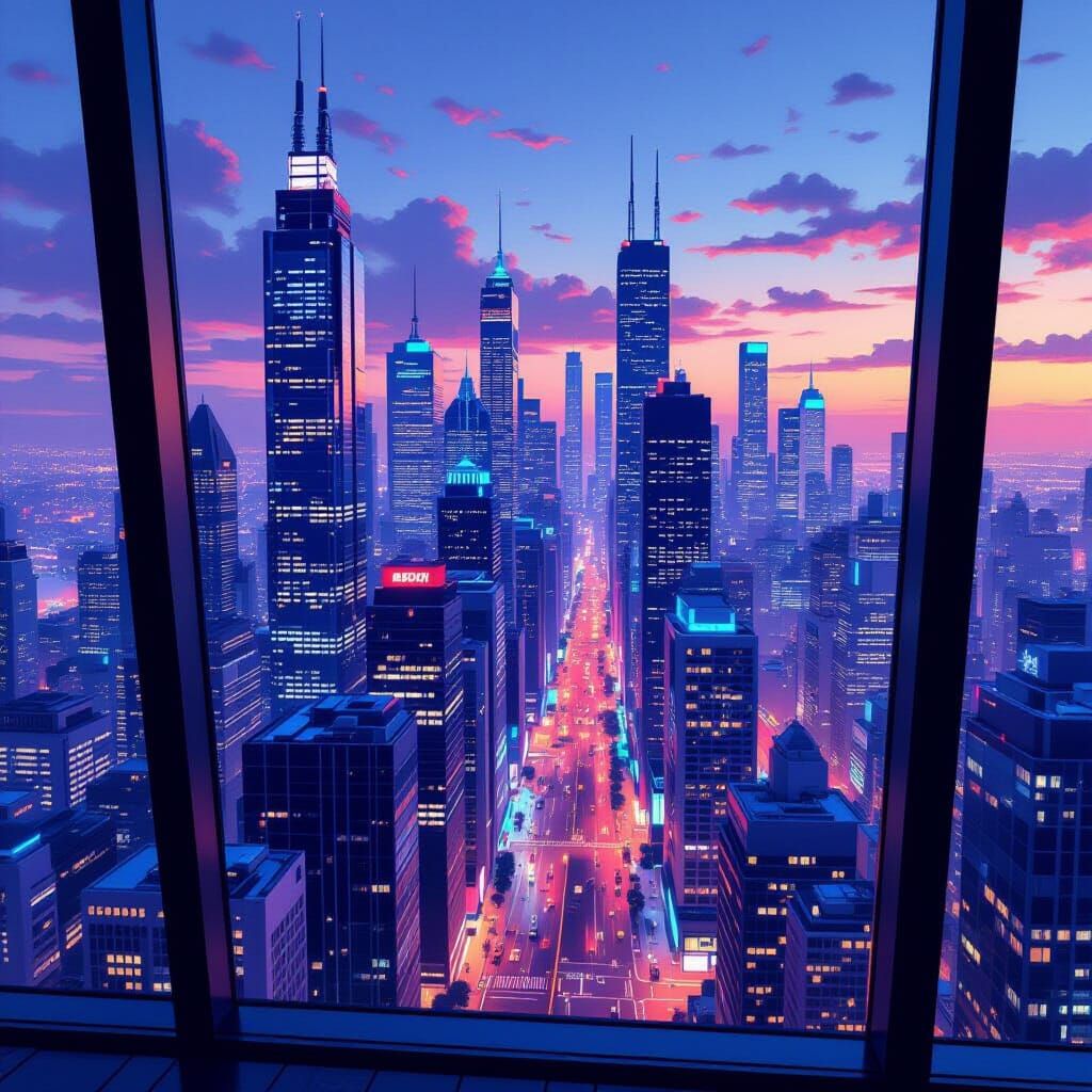 Futuristic Cityscape View from Office Window