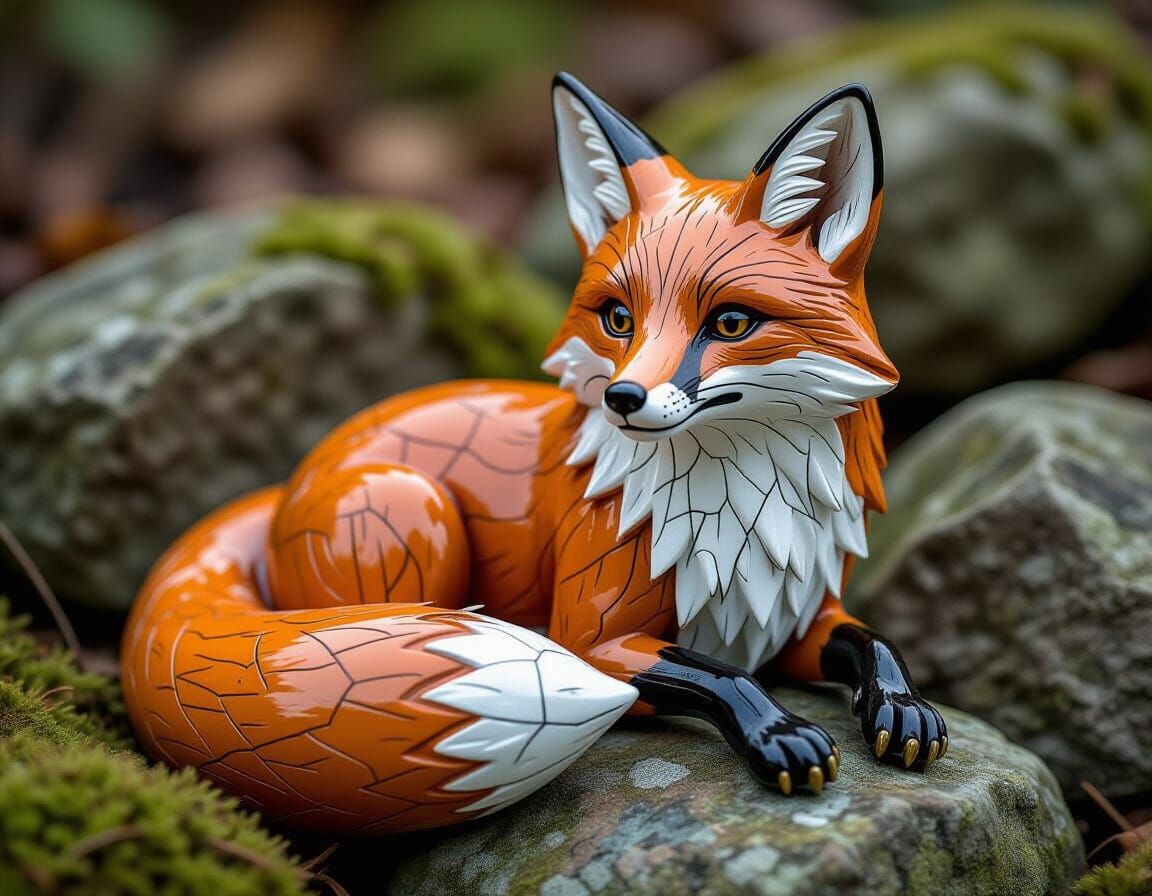 Cracked Porcelain Fox Sculpture with Brass Joints