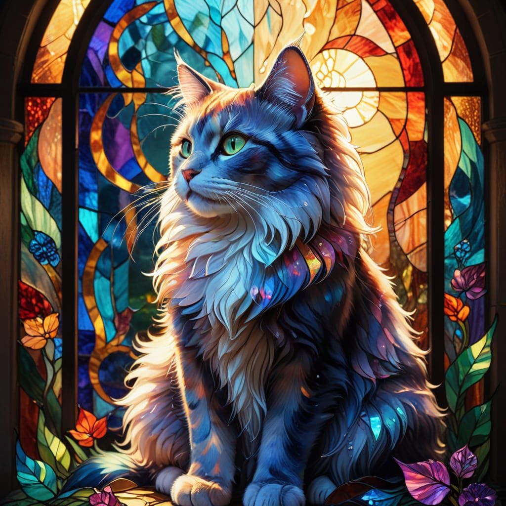 Fluffy Cat in Vibrant Stained Glass World