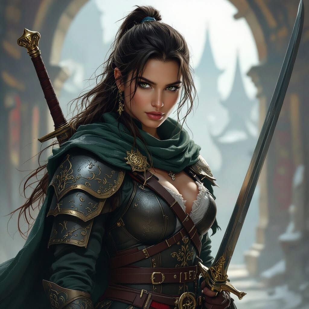 Hyperrealistic Warrior Queen with Sword in Fantasy Style