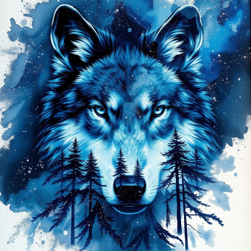 Wolf Galaxy Double Exposure with Tree Silhouettes