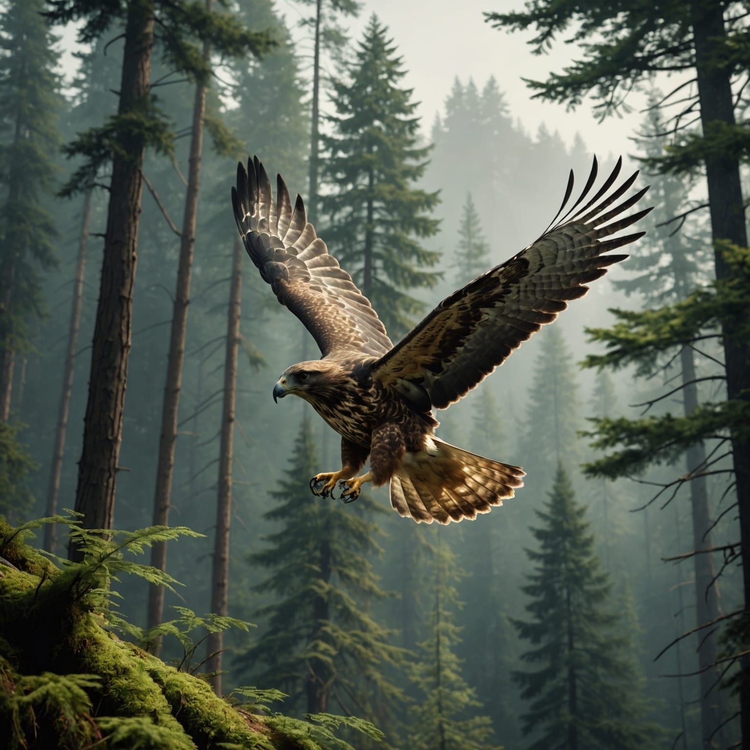 Hawk Flying Through Forest in Matte Painting Style