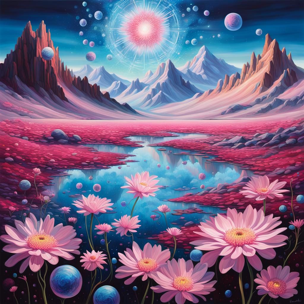 Ethereal Bloom in Desolate Landscape, Surrealist Style