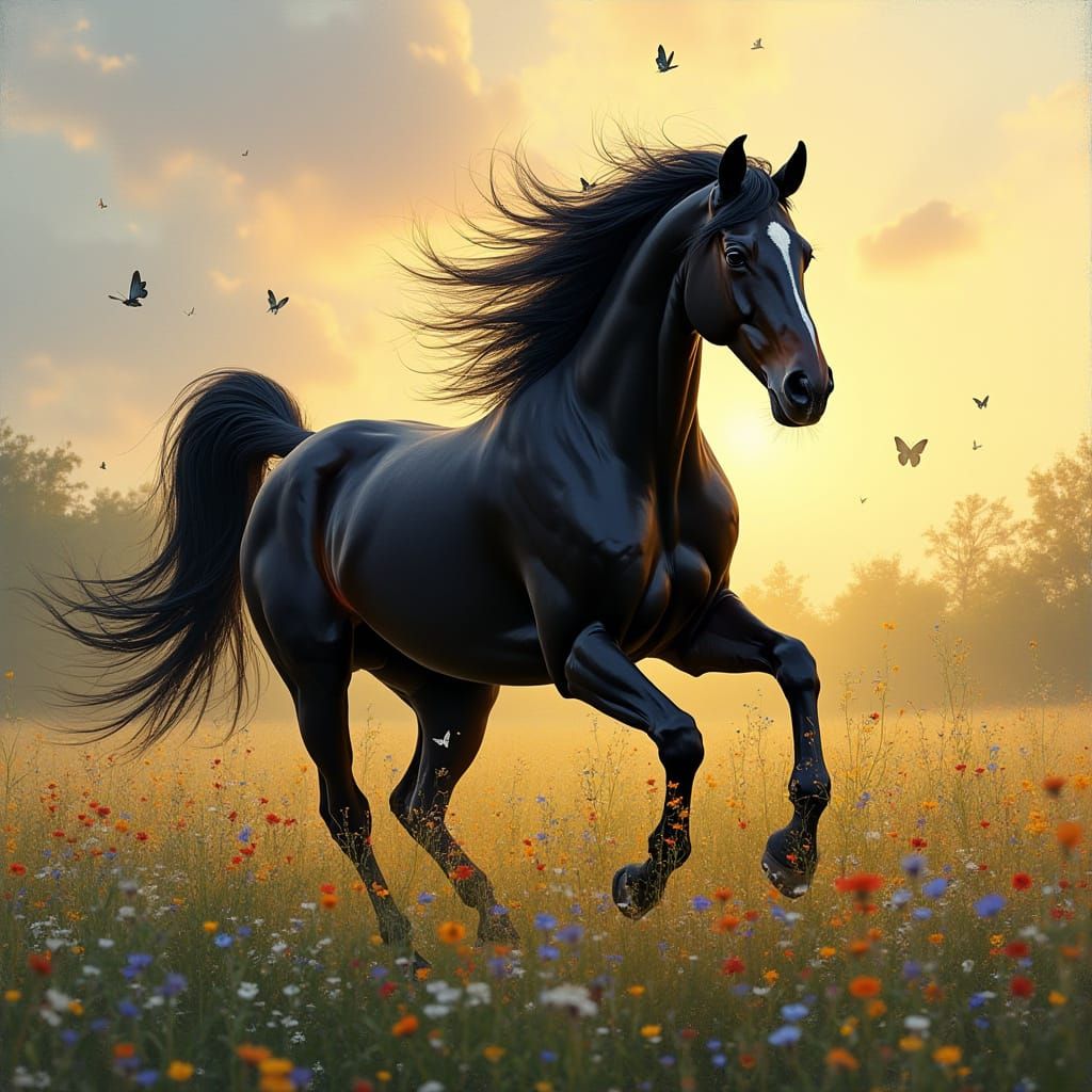 Friesian Horse Galloping Through Wildflowers at Dawn