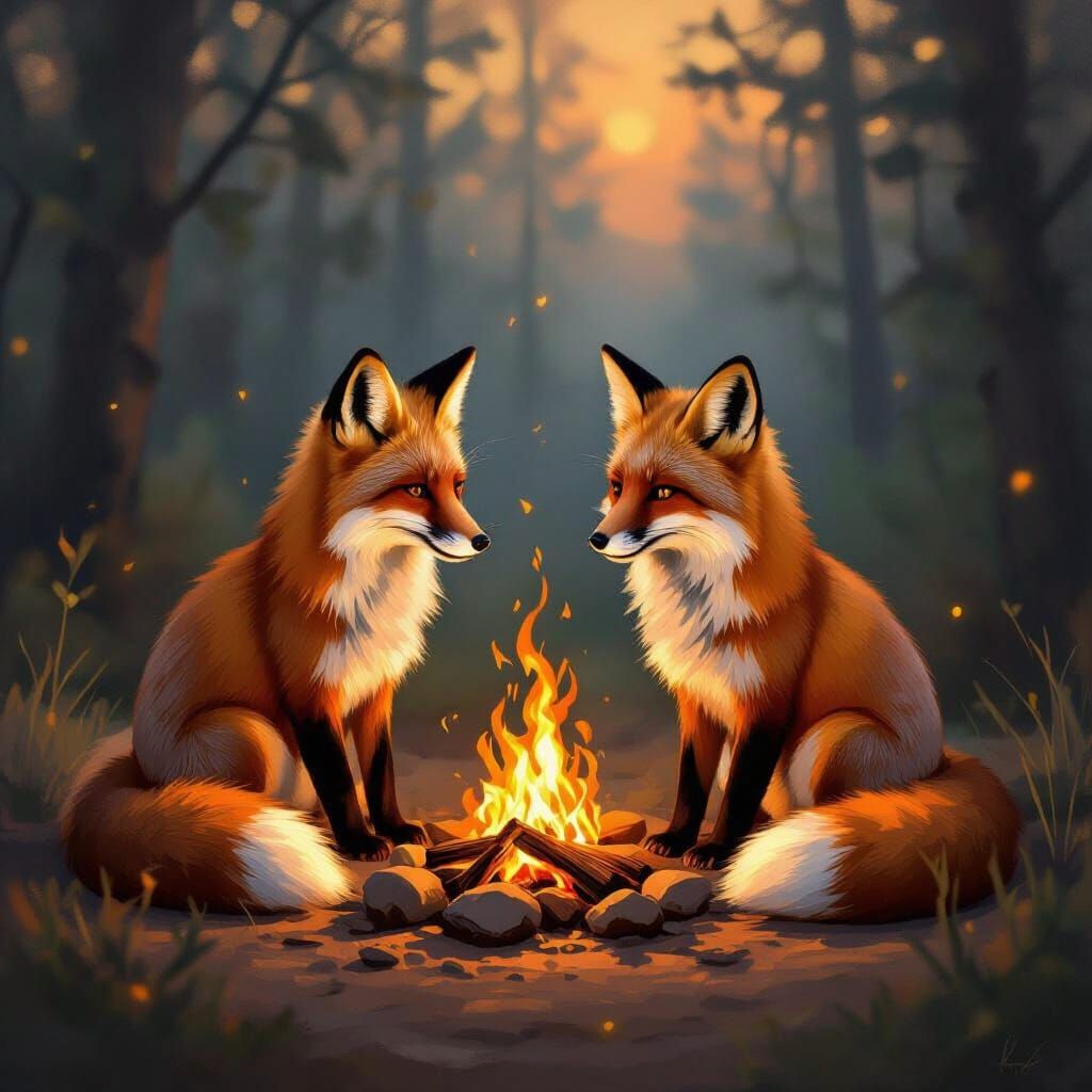 Cozy Foxes by Campfire in Impressionistic Style