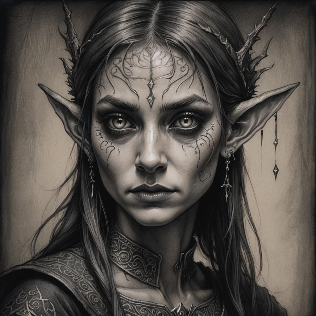 Intense Elf Girl Portrait in Charcoal Style