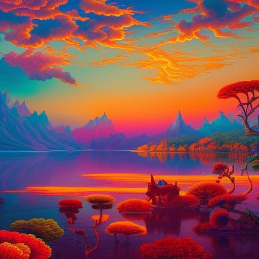 Colorful Sunset Over Lake, Photo-Illustration