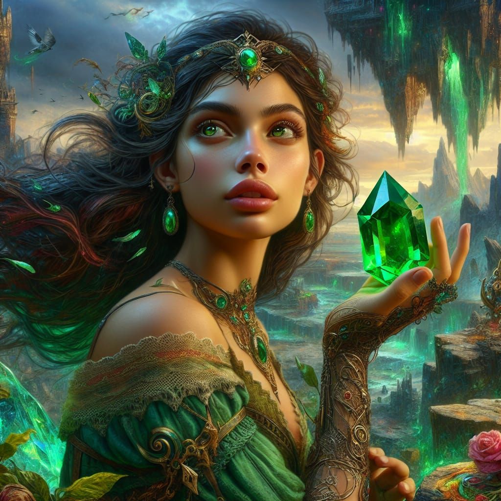 Fantasy Art: Emerald, Woman, and Surreal Scene