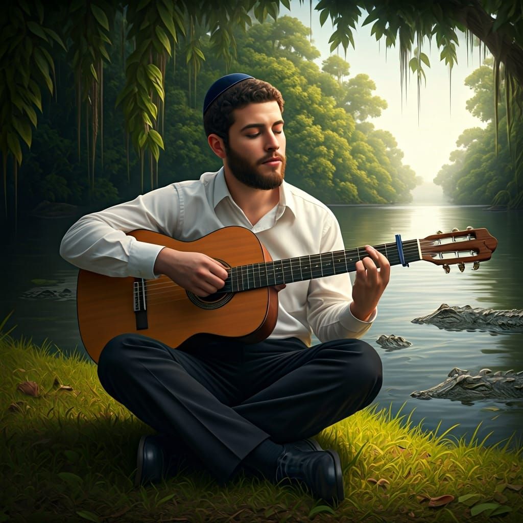 Jewish Student's Serene Guitar Solo, Surreal River Scene
