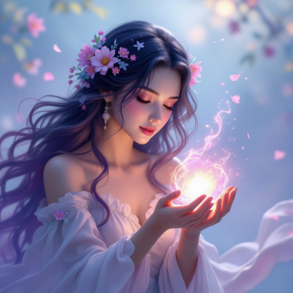 A serene, ethereal figure with flowing, colorful hair adorne...