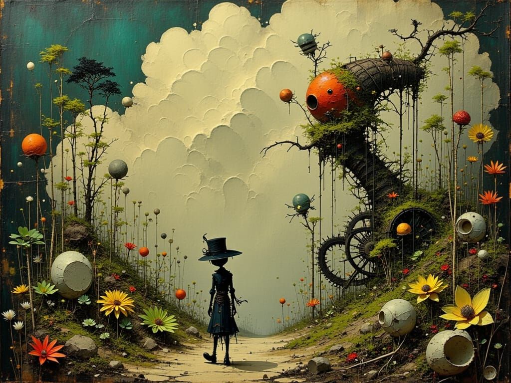 Whimsical Salvagepunk Landscape in Dr. Seuss Style