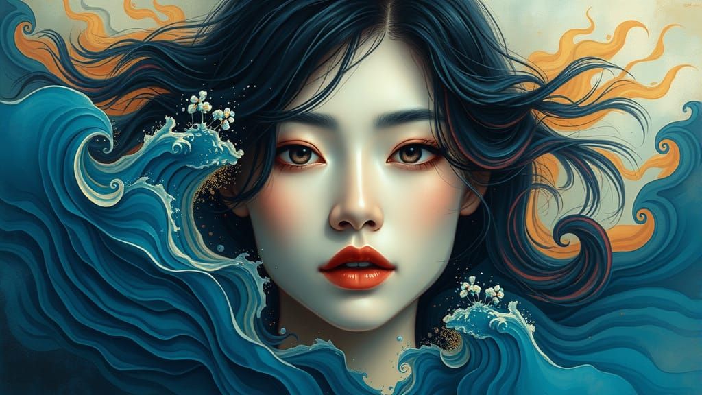 Soulful Asian Woman in Vibrant Wave Art