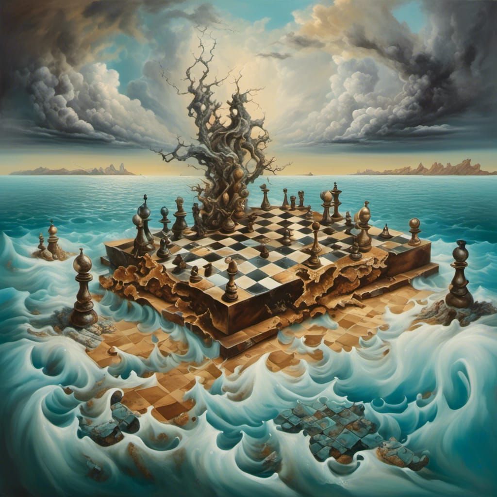 Surreal Cracked Landscape with Melting Chess in Oil