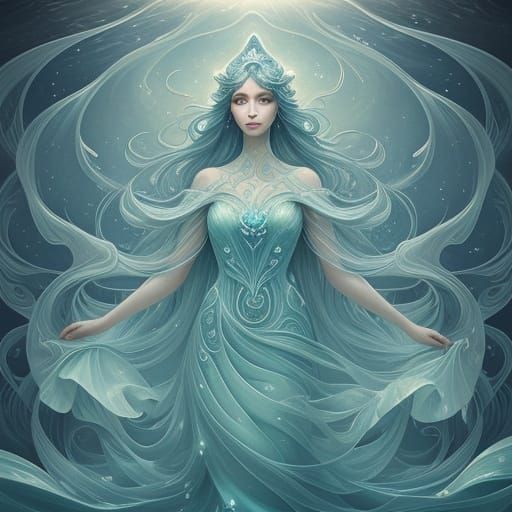 Surreal Water Dress Woman Holding Lotus Flower