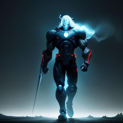 Ghostly Armored Superhero in a Dark Cityscape