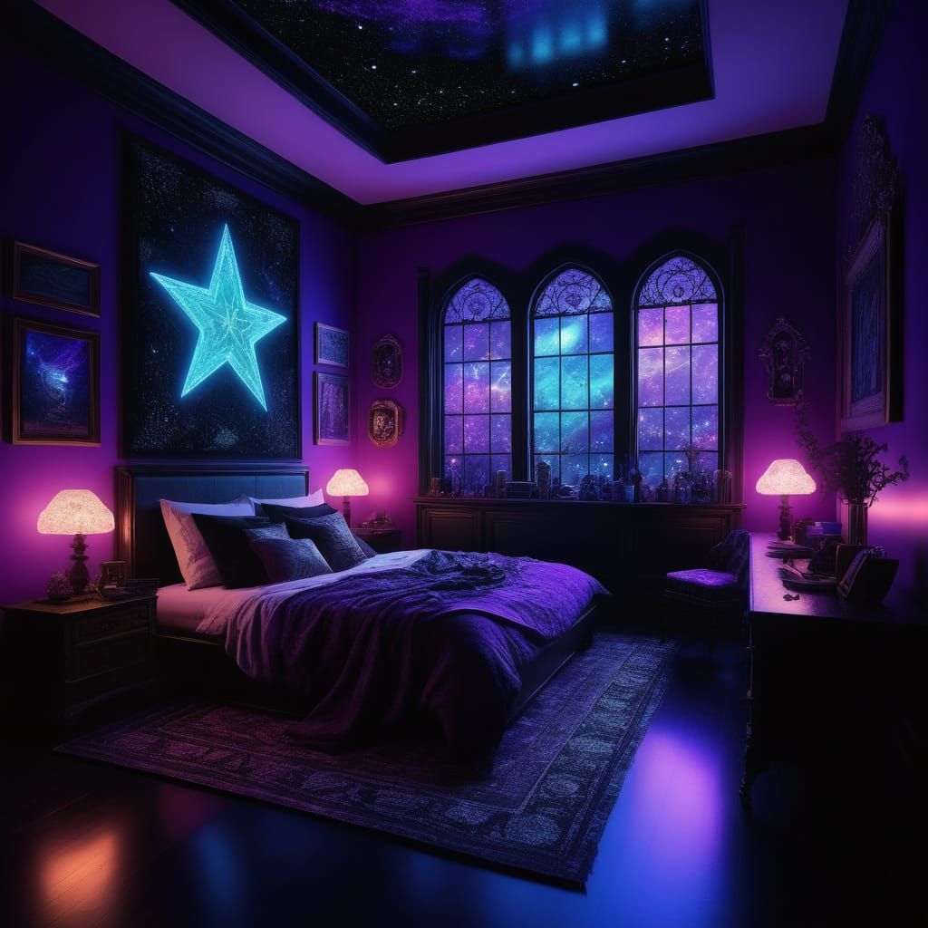 Stunning Gothic bedroom with purple walls& Black Gothic wind...
