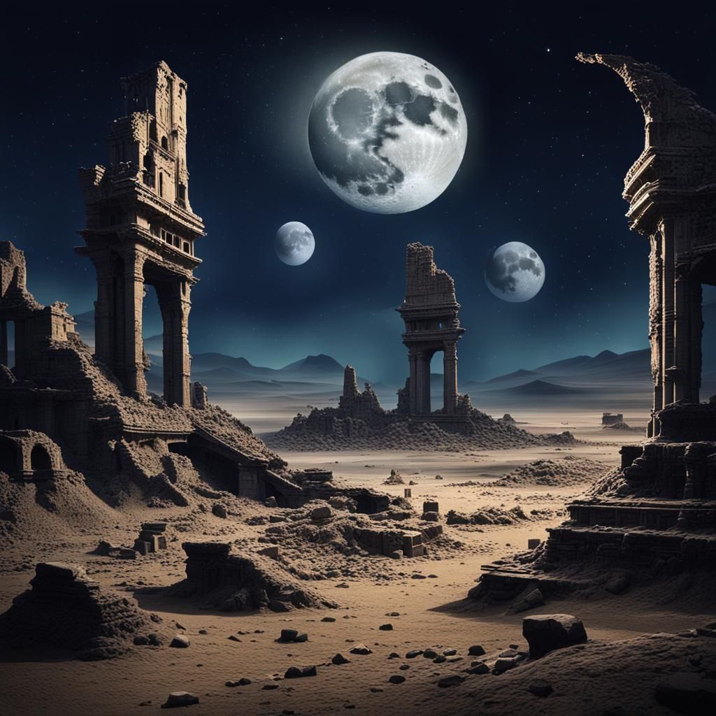 Eerie Alien Ruins Under Moonlight