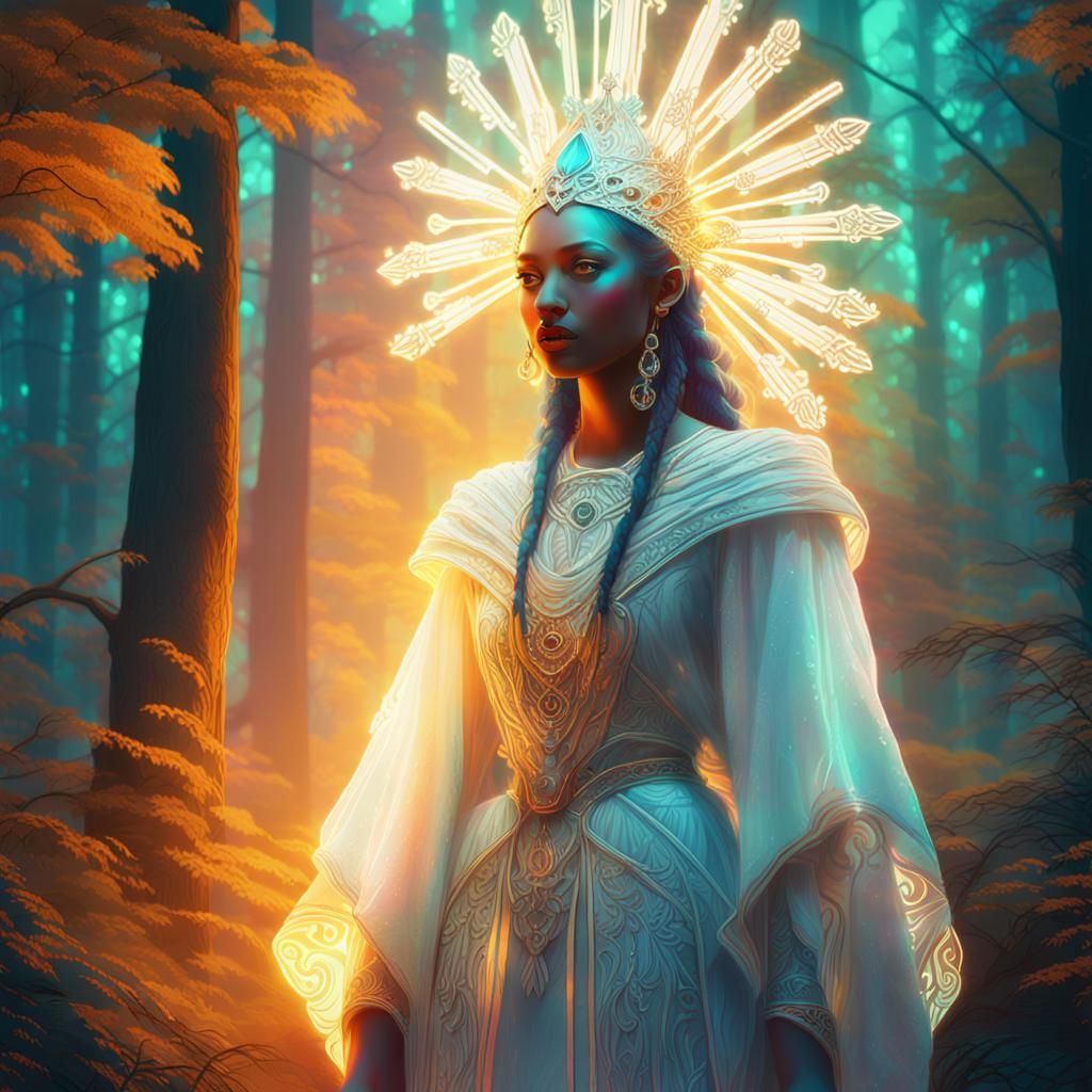 Regal Woman in Neon Forest: Cyberpunk Illustration