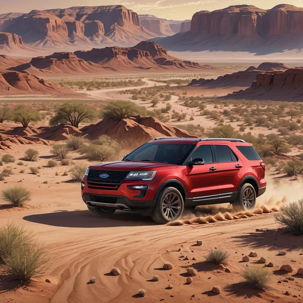Red Ford Explorer in Desert: Hyperrealistic Splash Art