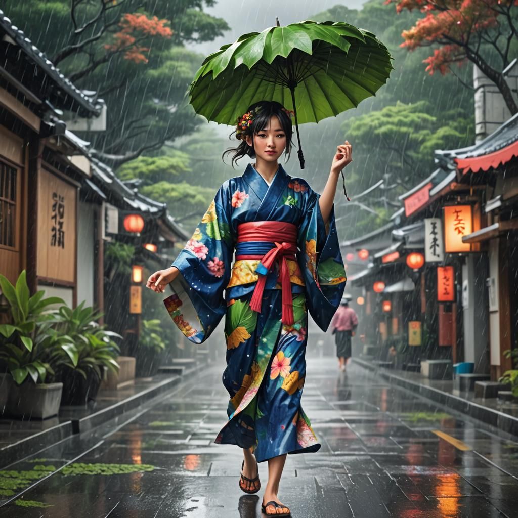 Japanese Woman with Kappa Leaf in Okinawa Rain