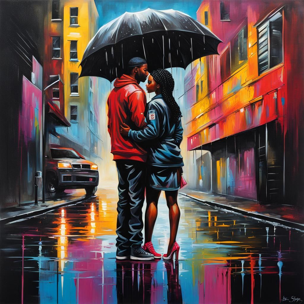 Black Couple in Rain: Graffiti Splash Art