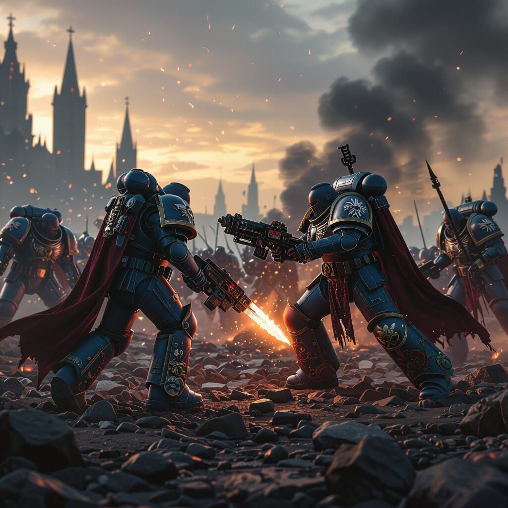 Warhammer 40k Battle: Marines vs Chaos in Matte Painting Sty...