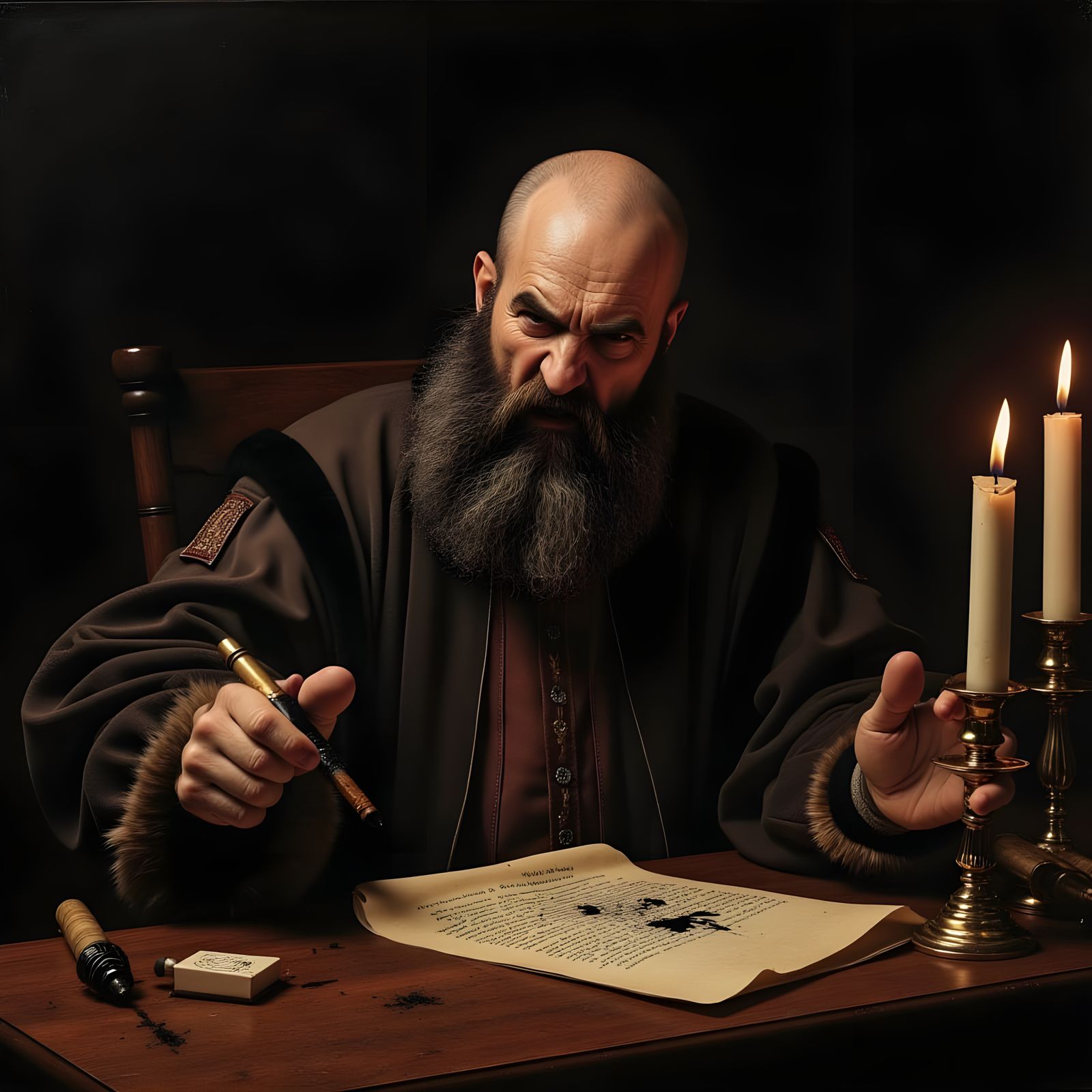 Oil Painting of a Frustrated Man in a Candlelit Study
