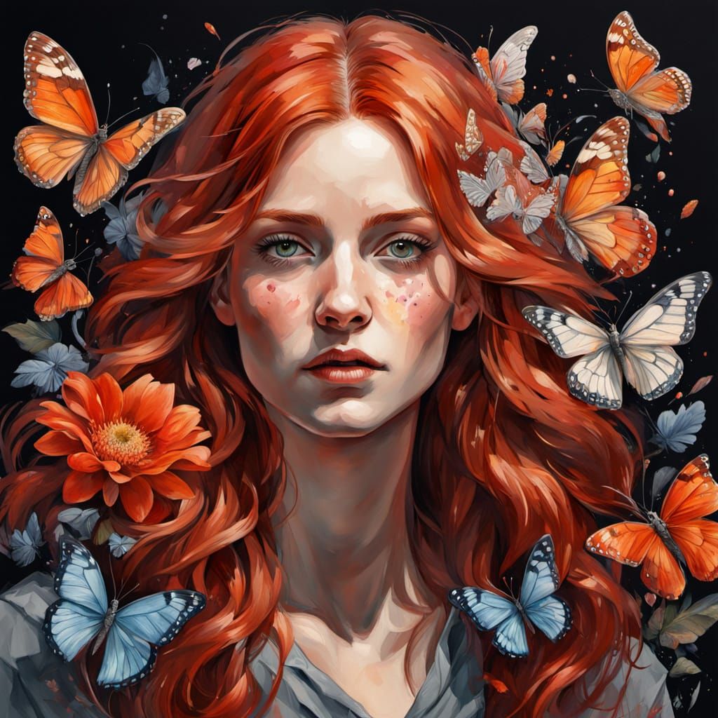 Red-Haired Woman with Flowers: Gouache Charcoal Portrait