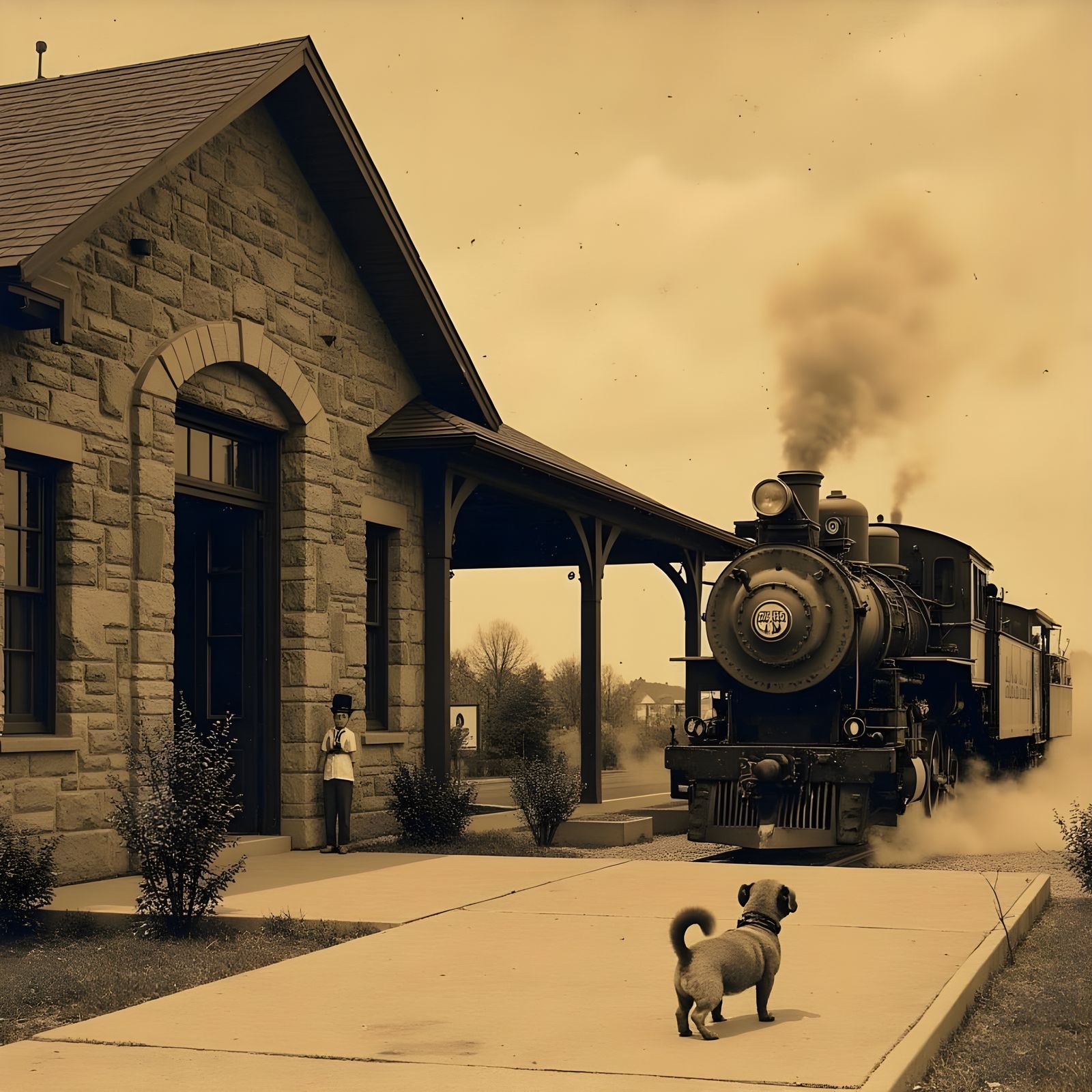 Vintage Train Station with Arched Entry and Locomotive