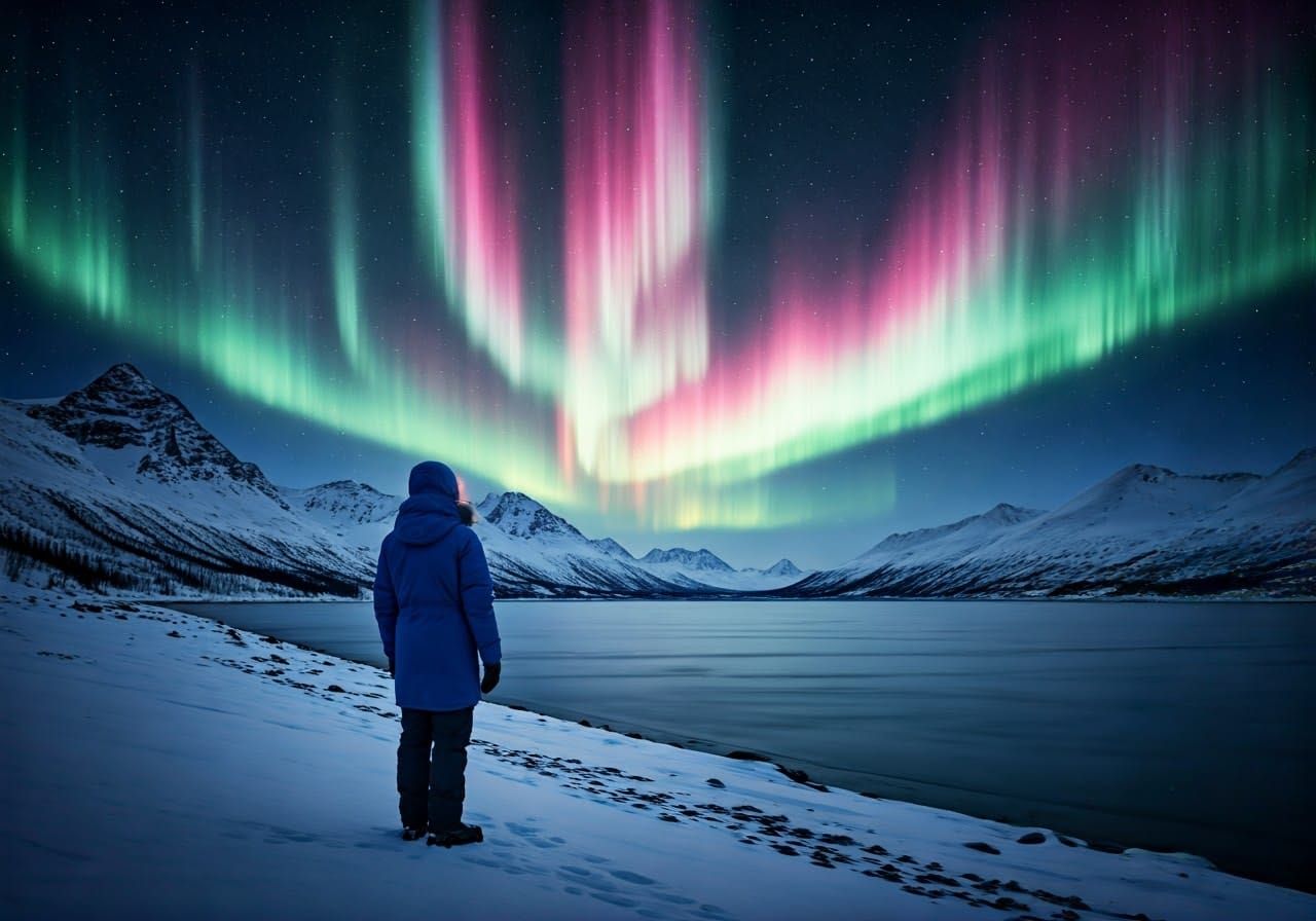 Aurora Borealis Over Frozen Lake, Digital Art