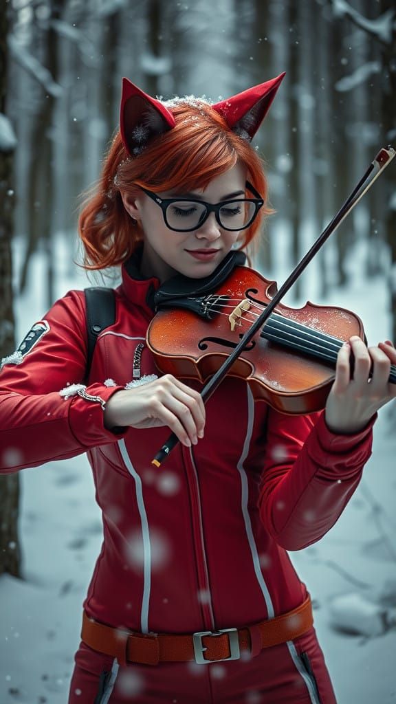 Stunning Red Haired Space Explorer Plays Violin in Winter Wo...